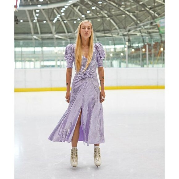 ROTATE Sierina Ruched Puff Sleeve Metallic Midi Dress in Purple Size US 0 - Picture 15 of 16